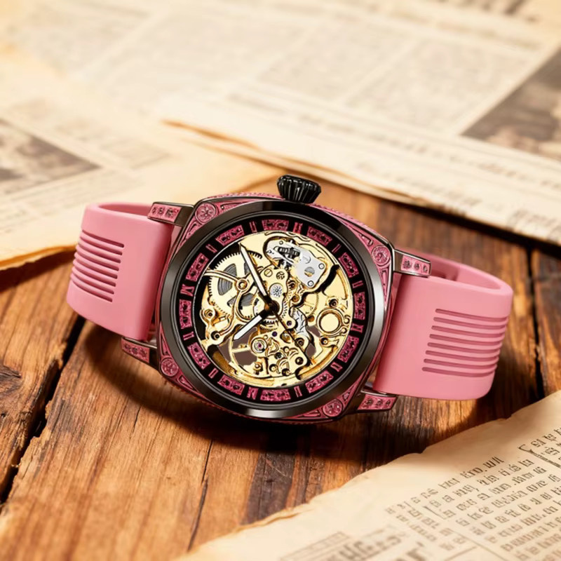 CAROTIF Armbanduhr, mechanisch, Schwarz, Rosa, Silikon, Herren - Bild 3