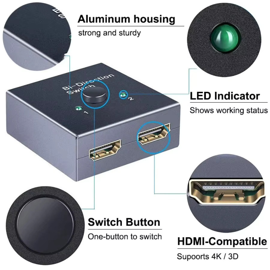 PzzPss Bidirektionaler HDMI Umschalter 2x1 und 1x2 Splitter, 4K Kompatibel, Schwarz - Bild 5