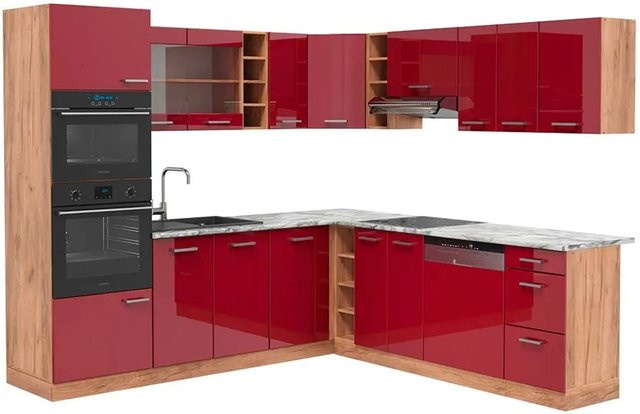 Vicco R-Line Eckküche Bordeaux Hochglanz und Goldkraft Eiche mit Marmor-Optik, B/T/H: 237 x 247 x 81,6 cm - Bild 1