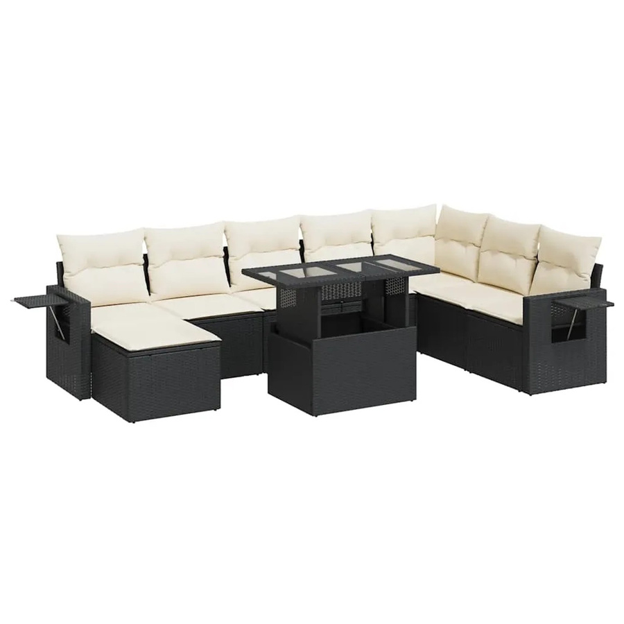 vidaXL 9-tlg Garten-Sofagarnitur in L-Form aus Poly-Rattan mit Kissen in Schwarz-Creme - Bild 2