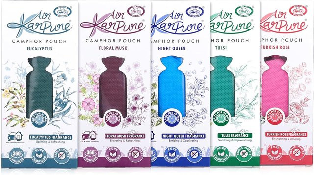 Cycle Pure Karpure Kampferbeutel Packung mit 5, Lufterfrischer für Zuhause in Grau und Mehrfarbig mit Türkischer Rose, Nachtkönigin, Thulsi, Blumiger Moschus und Eukalyptus - Bild 1