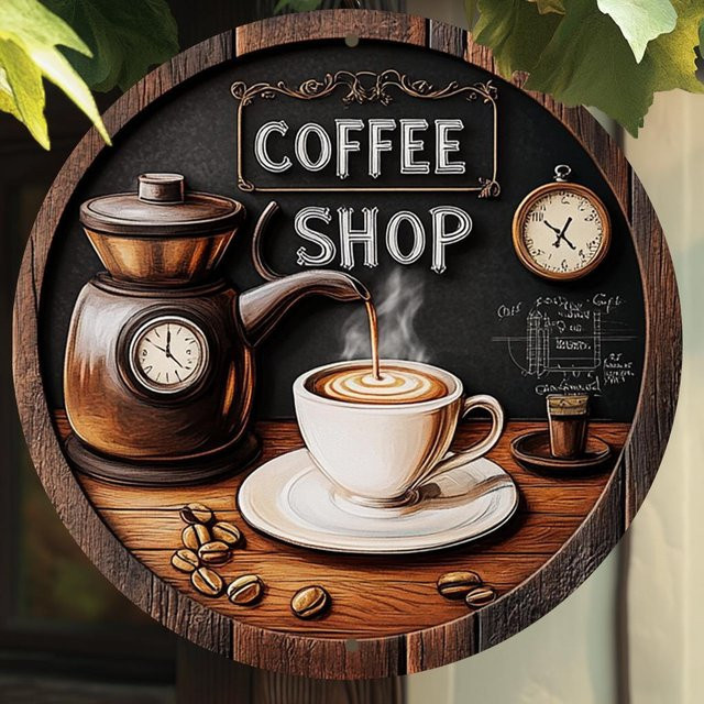 Potdemiel Runde Aluminium-Wandkunst im Vintage-Stil mit Kaffee-Thema, Mehrfarbig, Durchmesser: 20,3 cm - Bild 1