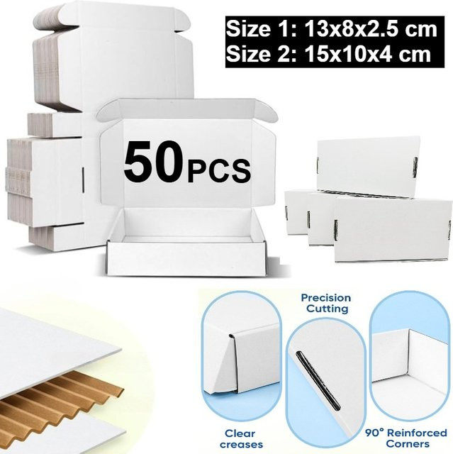 50er-Pack weiße Versandkartons aus recycelbarer Wellpappe, B/T/H: 13 x 8 x 2,5 cm und 15 x 10 x 4 cm - Bild 1