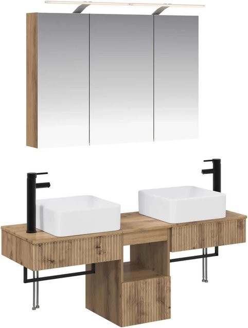vidaXL Badezimmerschrank-Set 4-teilig in Artisan-Eiche, modern, braun, mit LED-Beleuchtung und Spiegelschrank, B/T/H: 100 x 14,5 x 70 cm - Bild 1
