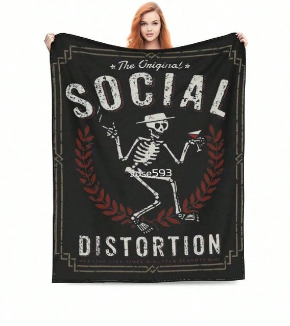 Dekorative Social Distortion Musikband Decke mit Skelett-Motiv aus Samt, Grau, B/H: 75 x 95 cm - Bild 1