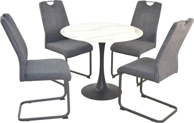 Möbel direkt online 5-teilige Tischgruppe mit rundem Esstisch in Marmoroptik und 4 Stühlen aus Metall und Sicherheitsglas in Schwarz oder Weiß - Bild 1