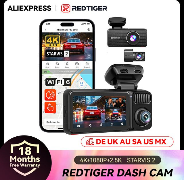 REDTIGER F17 Elite 4K Dashcam 3-Kanal-Autokamera mit WLAN, GPS, Vollfarb-Nachtsicht und Sprachsteuerung in Schwarz - Bild 1