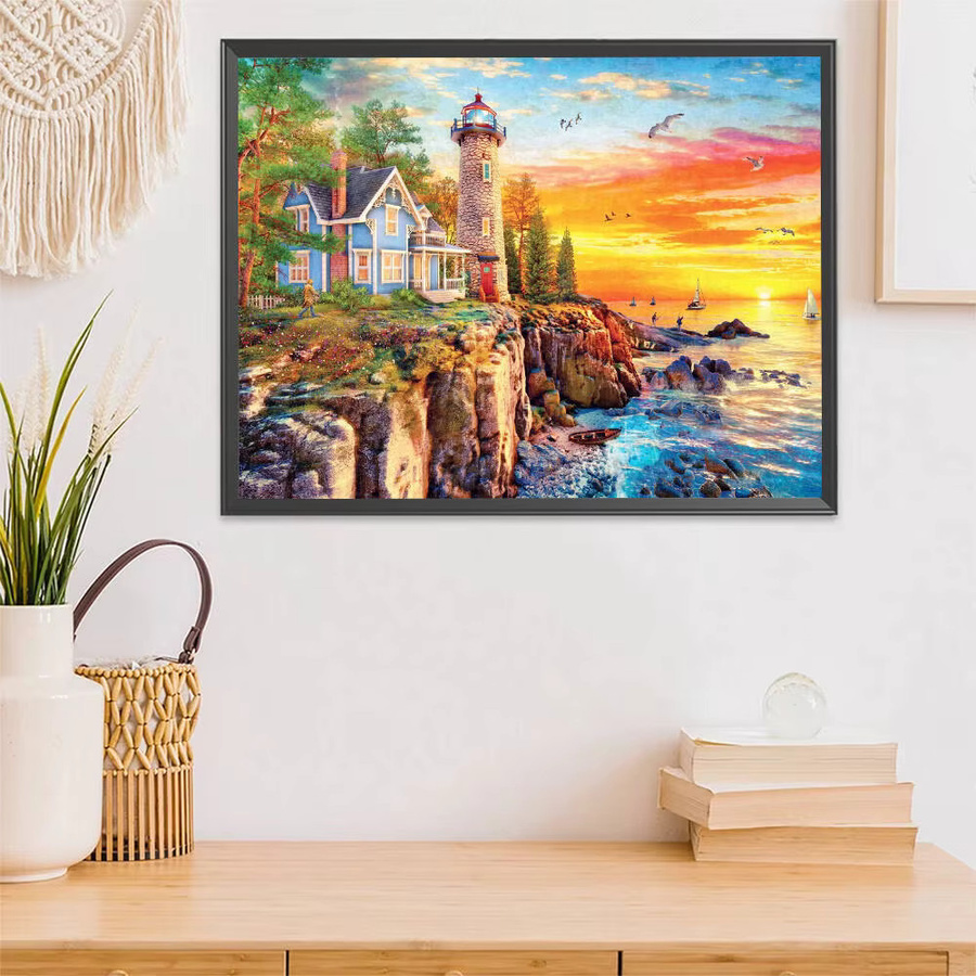 Evershine Diamantmalerei Landschaft mit Leuchtturm und Meer als runde Mosaik-Stickerei - Bild 3