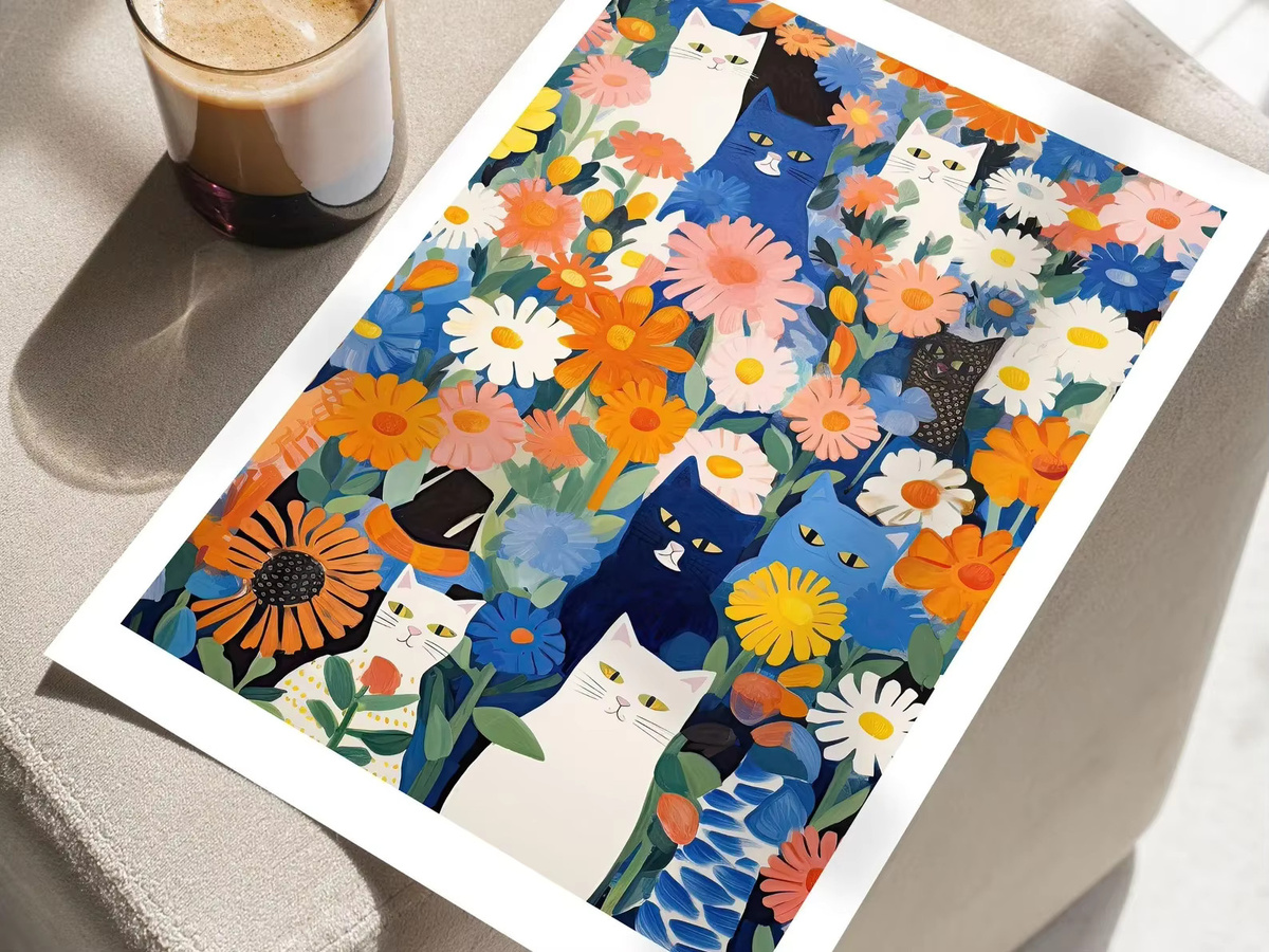 SHENCHEN Wandkunstdruck Blaue Katze im Garten mit Blumen-Illustration, moderner Papierposter in Mehrfarbig - Bild 3