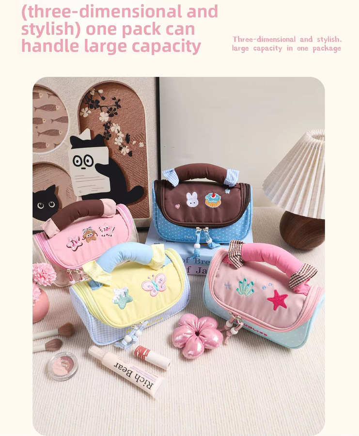 Tragbare Macaron-Kosmetiktasche mit Herz-Schmetterling-Stickerei in Multicolour für große Aufbewahrung von Kosmetik und Schreibwaren - Bild 3