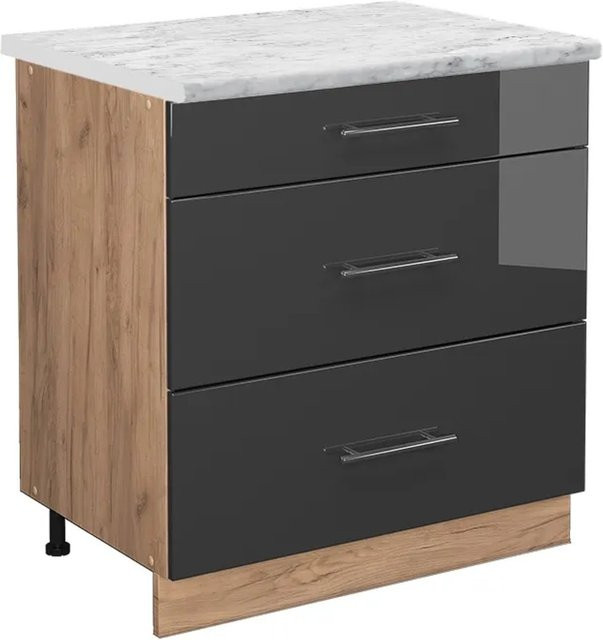 Vicco Küchenunterschrank Fame-Line Anthrazit Hochglanz und Goldkraft Eiche mit 3 Schubladen und Soft-Close-Türen, B/T/H: 80 x 60 x 82 cm - Bild 1
