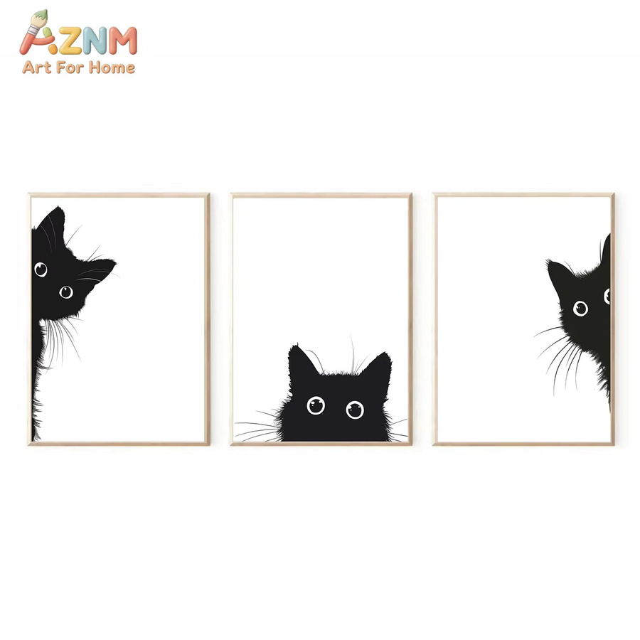 AZNM Minimalistisches Leinwandbild mit schwarzer Katzen-Silhouette in Schwarz-Weiß als abstrakter Grafikdruck für deine Wandgestaltung - Bild 4