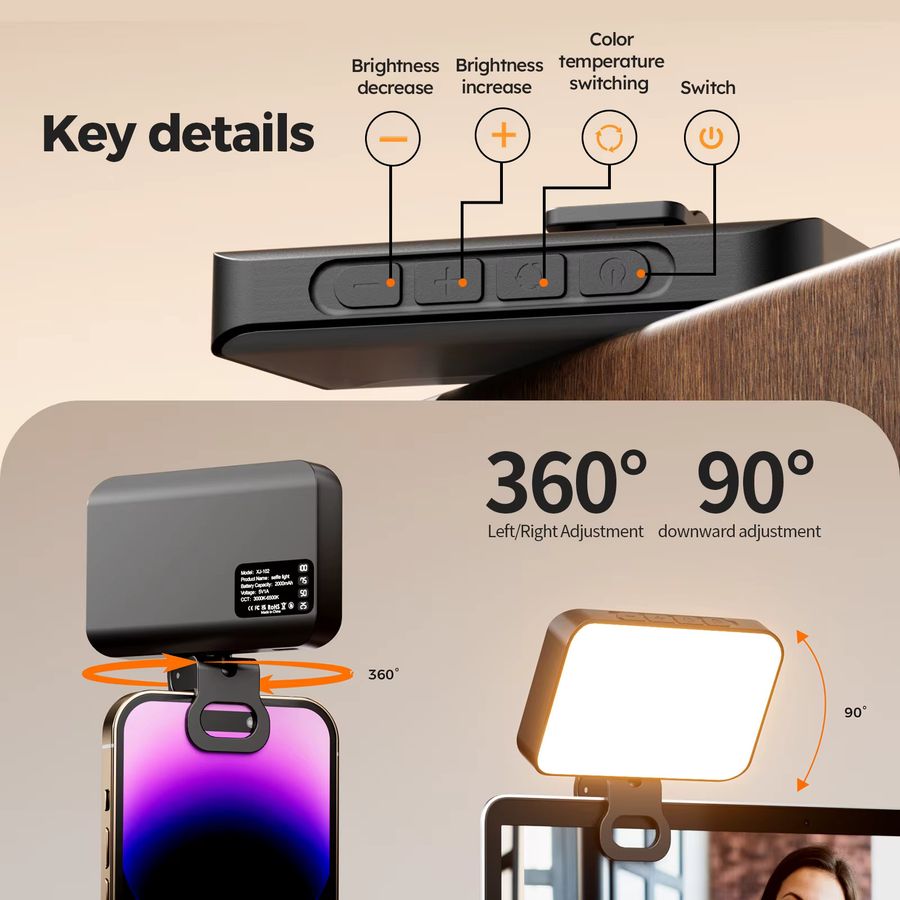FRST XJ102 Selfie-Licht mit 800 mAh Akku, wiederaufladbar, 3 Modi und einstellbarer Helligkeit, tragbare Taschenlampe für Videokonferenzen - Bild 3