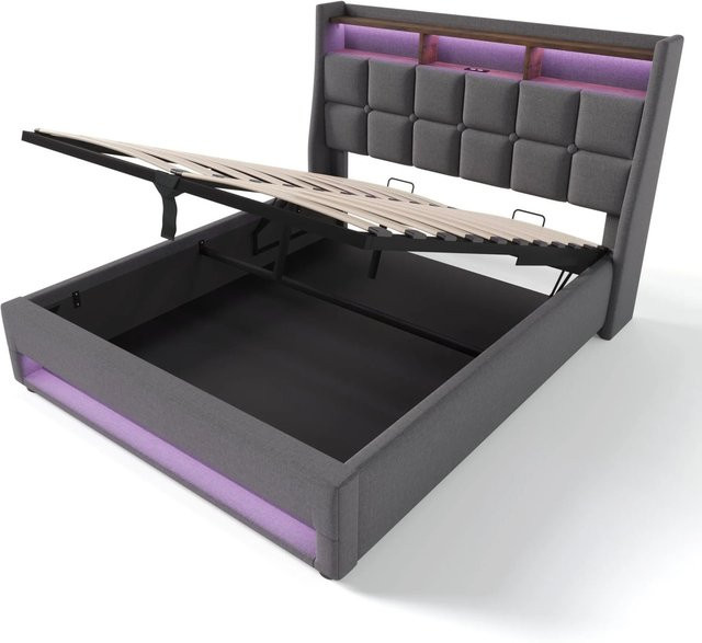 Merax Polsterbett mit Lift-up-Funktion und USB-Anschluss in Grau, B/T/H: 180 x 200 x 117 cm - Bild 1