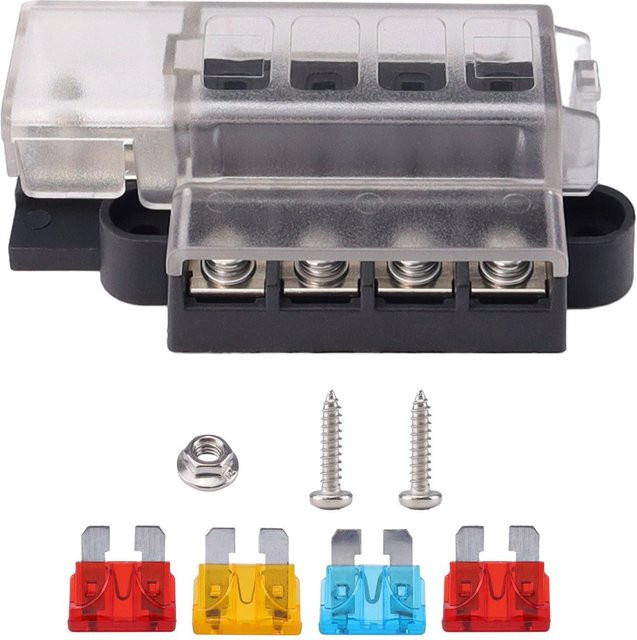 CEYYOR Auto-Boot-Sicherungskastenhalter mit 4-Wege-Flachsicherungshalter, Block und Warnanzeige, 12 V ~ 24 V Stromverteilungsplatine, Schwarz - Bild 1