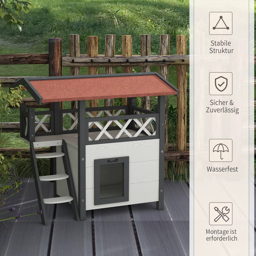 Svintora 2-stöckige Katzenvilla aus Holz mit wetterfestem Asphaltdach, Balkon und Kletterleiter für Garten, Balkon oder Terrassen - Bild 3
