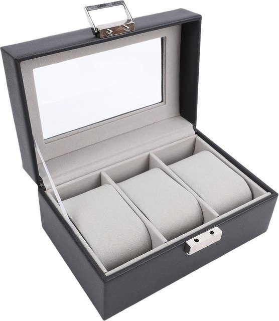 Uhrenbox Case, 3-Schlitz, Glasdeckel, Schwarz, Herren - Bild 1