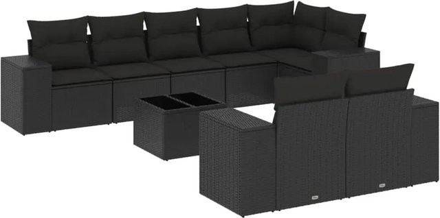 vidaXL 9-tlg. Garten-Sofagarnitur in L-Form aus schwarzem Poly-Rattan mit Kissen und pulverbeschichtetem Stahlgestell - Bild 1