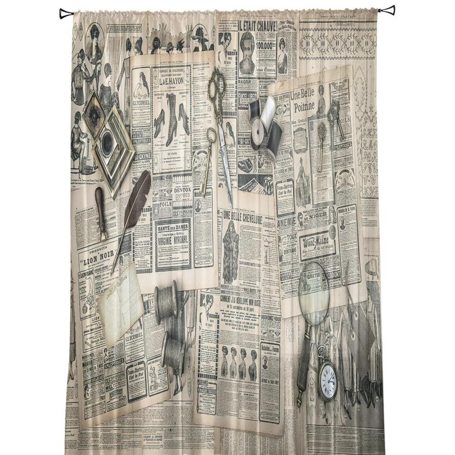 Yiran Furniture Transparente Tüllvorhänge im Retro Alte Zeitung Design mit Ösen, Breite: 135 cm, Höhe: 115 cm - Bild 1