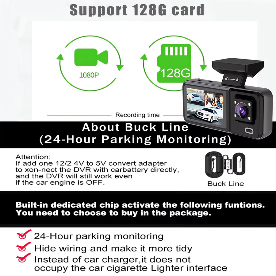 OLESED 3-Kanal Dashcam mit Wifi und Full HD 1080P, Dual-Linse Video Recorder für 24H Parküberwachung, Schwarz - Bild 6