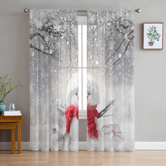 Transparente Tüll-Voile-Vorhänge mit Schneemann-Motiv für Weihnachten und Winter, Grau, B: 135 cm, H: 115 cm - Bild 1