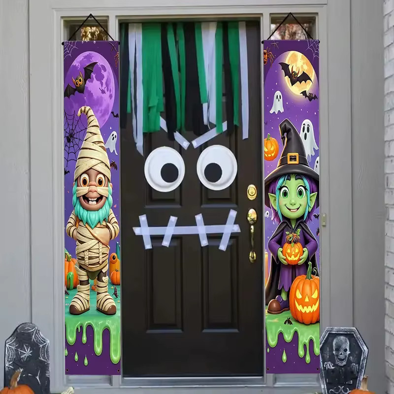 VIKAMA Halloween-Banner zum Aufhängen im Cartoon-Stil mit Hexen und Feen, lila, B/H: 30 x 180 cm - Bild 3