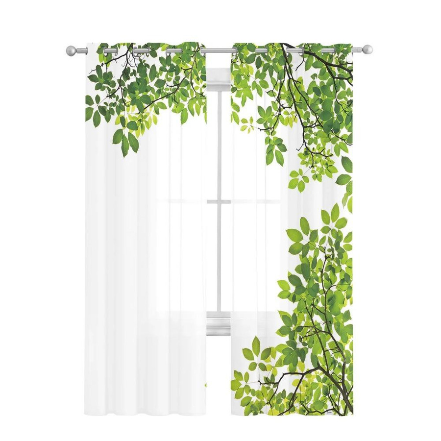 Yiran Furniture Transparentes Organza-Voile Tüll Vorhang mit Pflanzenblatt-Design in Grün und Weiß, Breite: 135 cm, Höhe: 115 cm - Bild 2