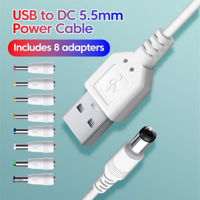 USB zu DC Ladekabel mit 8 austauschbaren Steckern für 5 V, 9 V und 12 V in Weiß - Bild 1