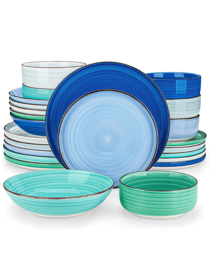 Vancasso Geschirrset mit Spiralmuster, handbemalt, farbig, bestehend aus Speisetellern, Desserttellern, Schalen und Suppentellern - Bild 4