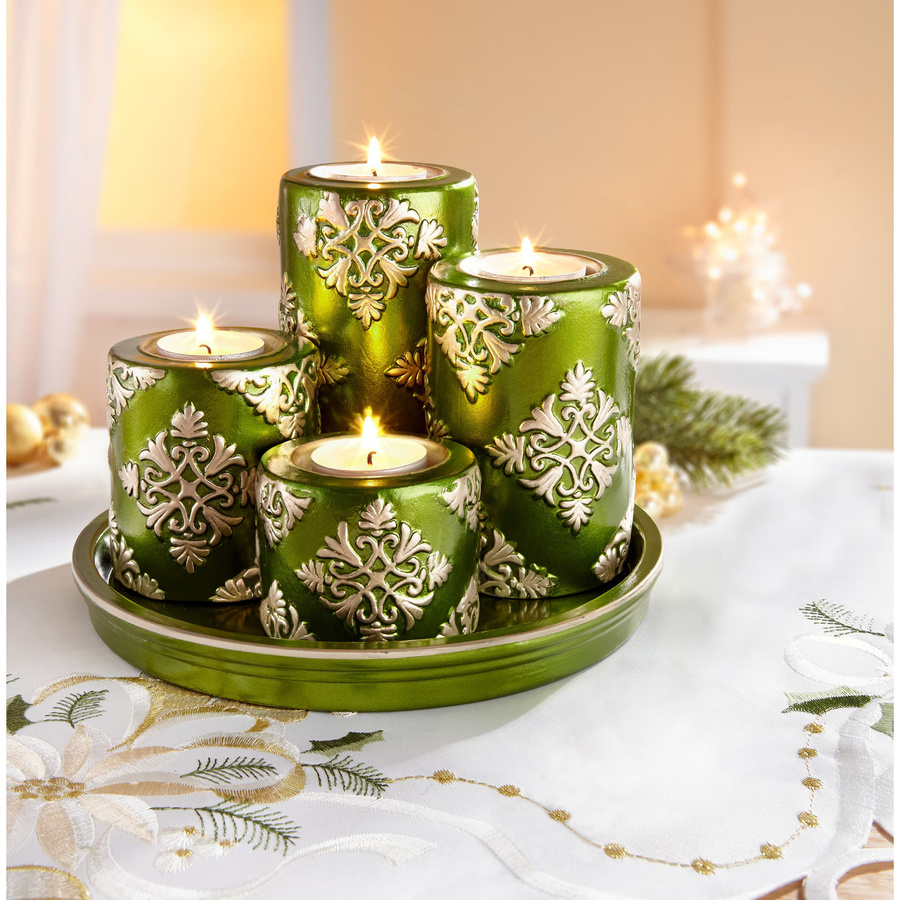 5-teiliges Kerzenteller Set Weihnachtstraum von Viva Domo aus Keramik in Gold, Grün und Silber für Tealights - Bild 2