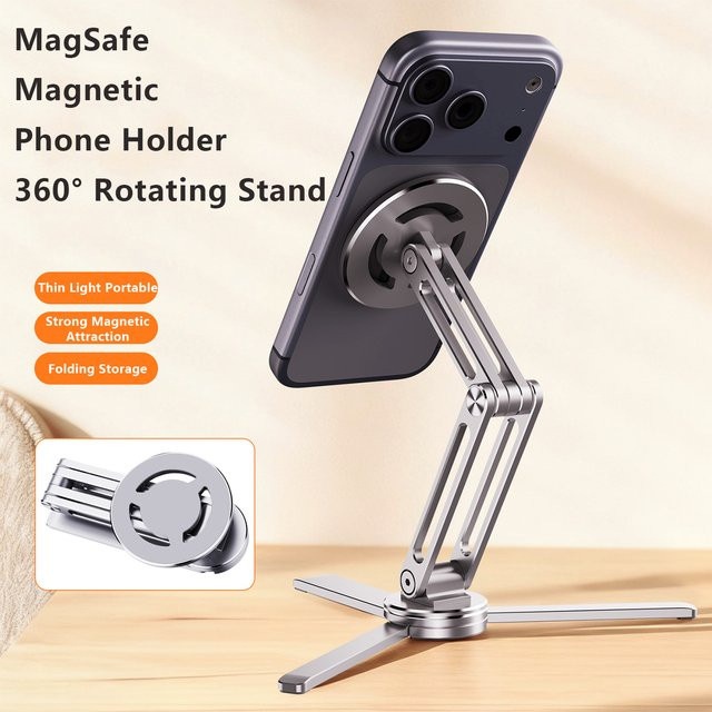 Prichiamo Magnetischer Handyhalter mit 360 Grad Rotation, Faltbares Stativ für MagSafe iPhone und Xiaomi, Schwarz oder Silber - Bild 1