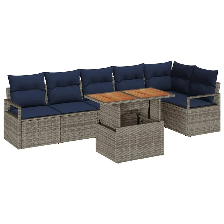 vidaXL Garten Essgruppe aus Poly-Rattan und Akazienholz, 7-teilig, Grau und Marineblau - Bild 2