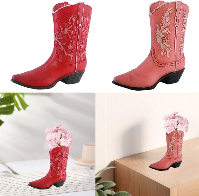 MagiDeal Vintage Cowgirl Stiefelvase aus Kunstharz in Pink und Rot für Tischdekoration - Bild 1
