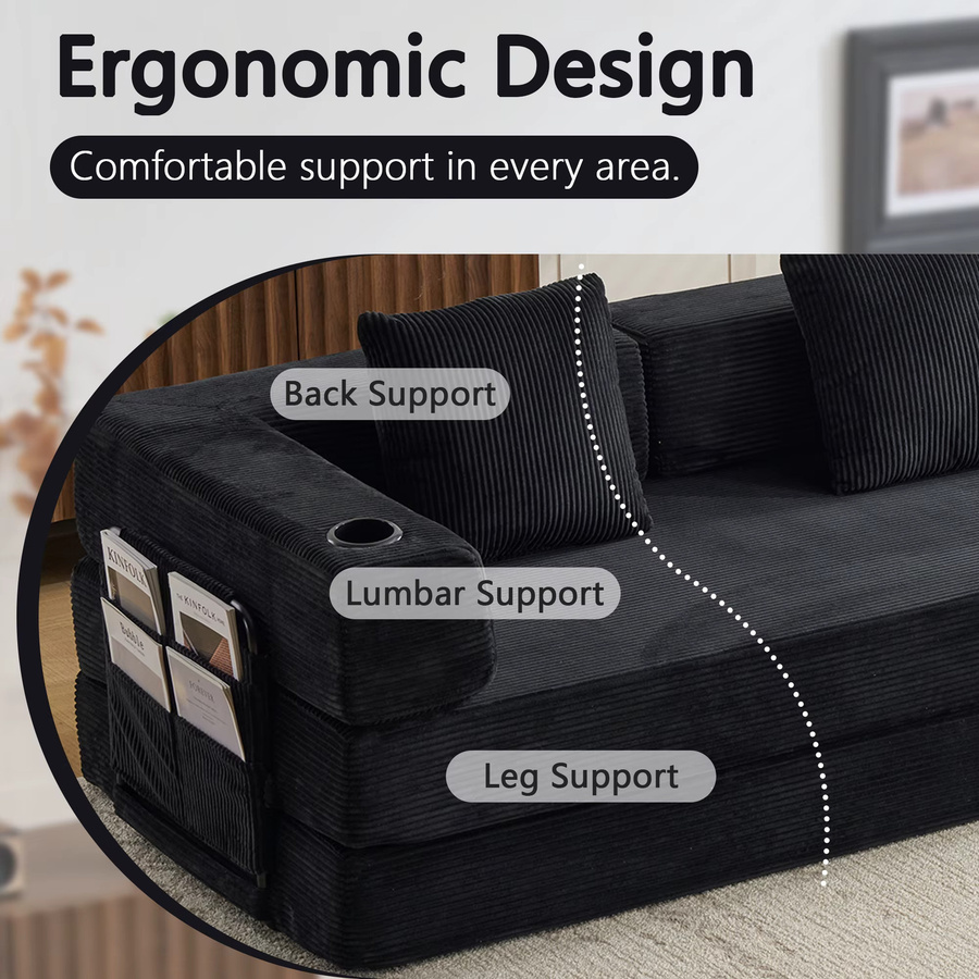 Vankel Modulares Cord-Bodensofa in Schwarz mit Getränkehalter und Aufbewahrungstasche, Wandelbare Eckcouch für das Wohnzimmer - Bild 6