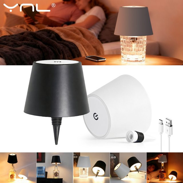 YNL Kabellose Weinflaschenlampe mit 3-Farben-Touch-Steuerung und stufenloser Dimmung, LED-Tischlampe für Bar, Café und Zuhause, B/T/H: 14,5 x 11,5 cm - Bild 1