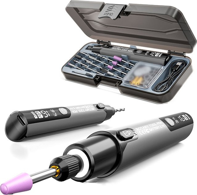 Dreamburgh Elektrische Mini-Schleifmaschine in Grau mit LED-Anzeige, USB-Handbohrmaschine mit 16000 U/min und 6-stufiger Einstellung für Gravur, Schnitzen und Polieren - Bild 1