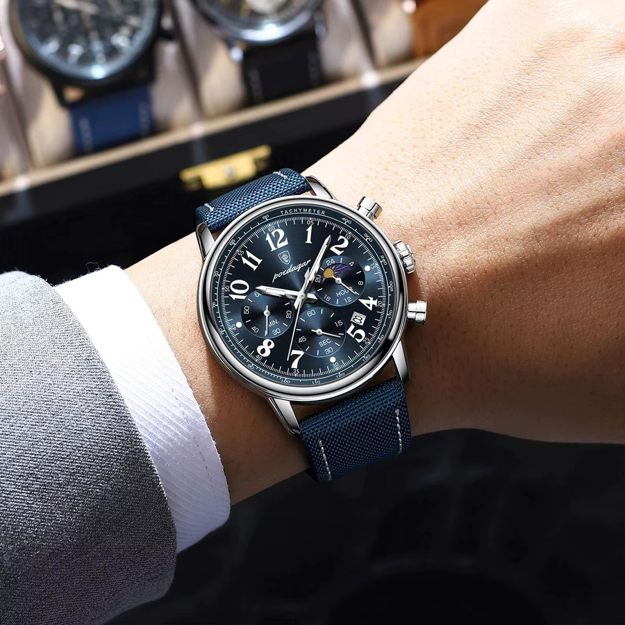 POEDAGAR Chronograph Armbanduhr, Quarz, Leder, Silver Black, Herren - Bild 6