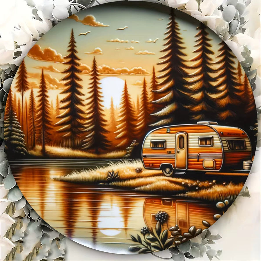 Rundes Wandkunst-Dekorschild aus Metall von Potdemiel im Vintage-Campingszenen-Design, Mehrfarbig, Durchmesser: 20,3 cm - Bild 5