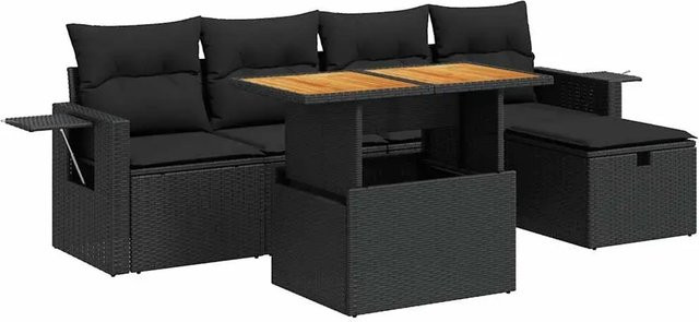 vidaXL 6-teilige Garten-Sofagarnitur aus Poly-Rattan und Akazienholz in Schwarz mit Kissen - Bild 1