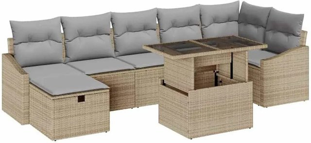 vidaXL Garten-Sofa-Set aus Polyrattan in Beige, 8-teiliges L-Shape Lounge-Set mit Kissen, Ottoman und Couchtisch mit integriertem Kissen-Speicher - Bild 1