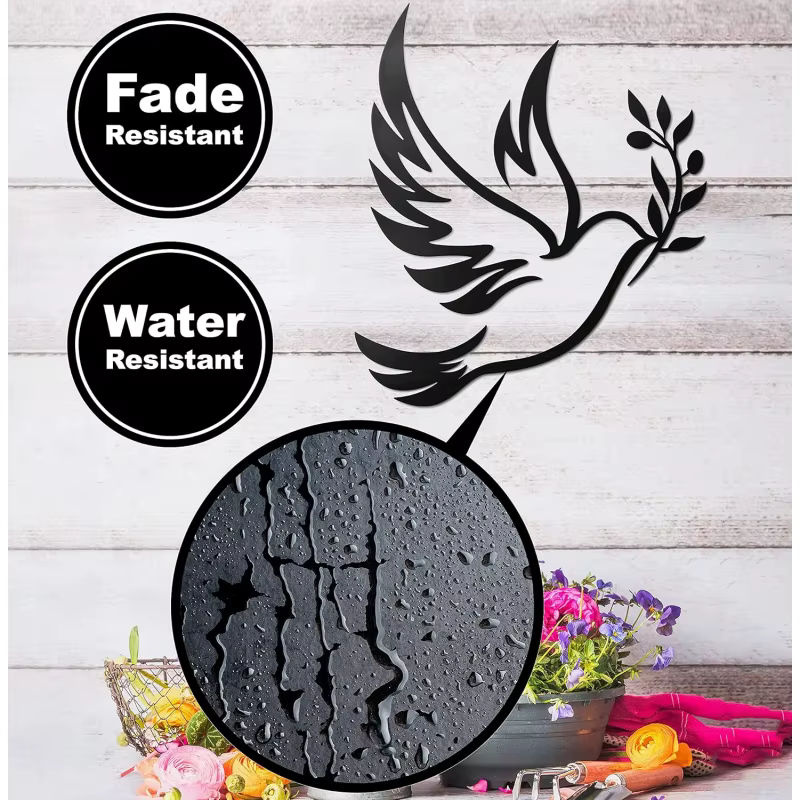 Metallwandkunst mit Olivenzweig und weißer Taube in Schwarz-Weiß, minimalistische Wanddekoration, B: 38,1 cm, H: 33,0 cm - Bild 4