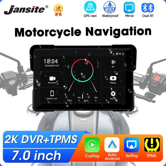 Jansite Motorrad Navigation GPS mit 7 Zoll Display, Wireless CarPlay und Android Auto Unterstützung, 2K Kamera und TPMS, Schwarz - Bild 1