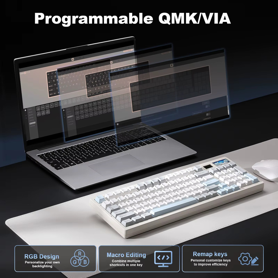 YUNZII IF99 Mechanische Gaming-Tastatur in Weiß mit intelligentem LCD-Display, kabellos via Bluetooth oder Wi-Fi, QMK/VIA Custom Gasket Hot Swap RGB 96 % Layout - Bild 4