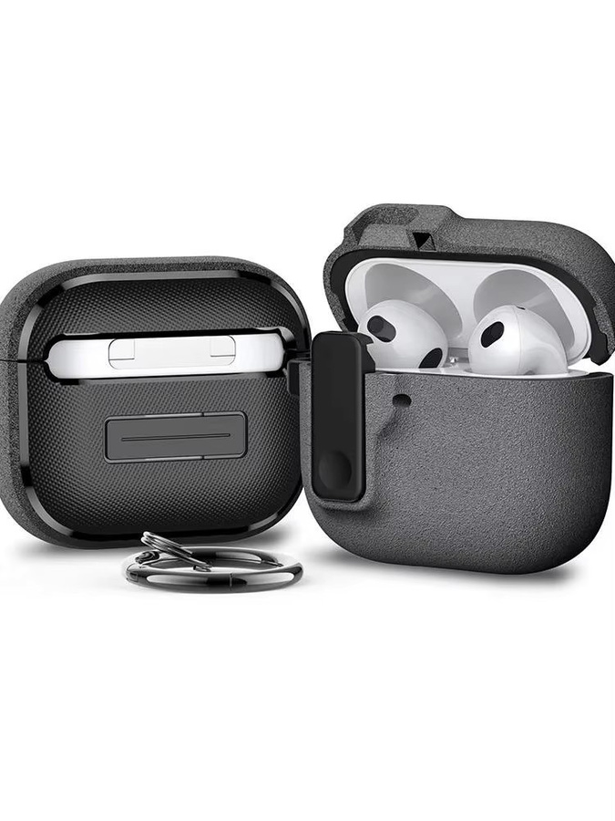Sicherheitsschloss und stoßfeste Abdeckung für Apple AirPods 4, 3 und Pro 1, 2 mit Magnet und Schlüsselanhänger für das Ladeetui in Schwarz und Grau - Bild 2