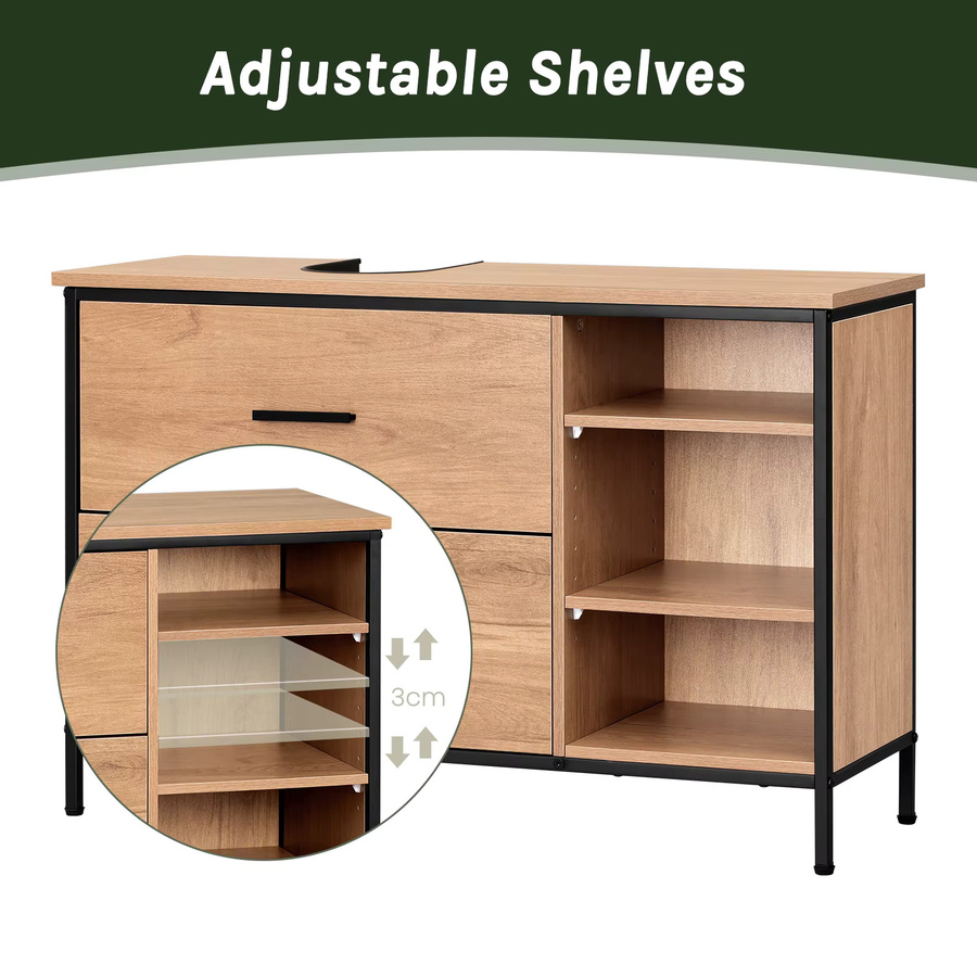 EUGAD Badezimmerschrank Waschtischunterschrank mit 2 Schubladen und 3 Fächern in Eiche Beige Braun, B/T/H: 90 x 60 x 30 cm - Bild 2