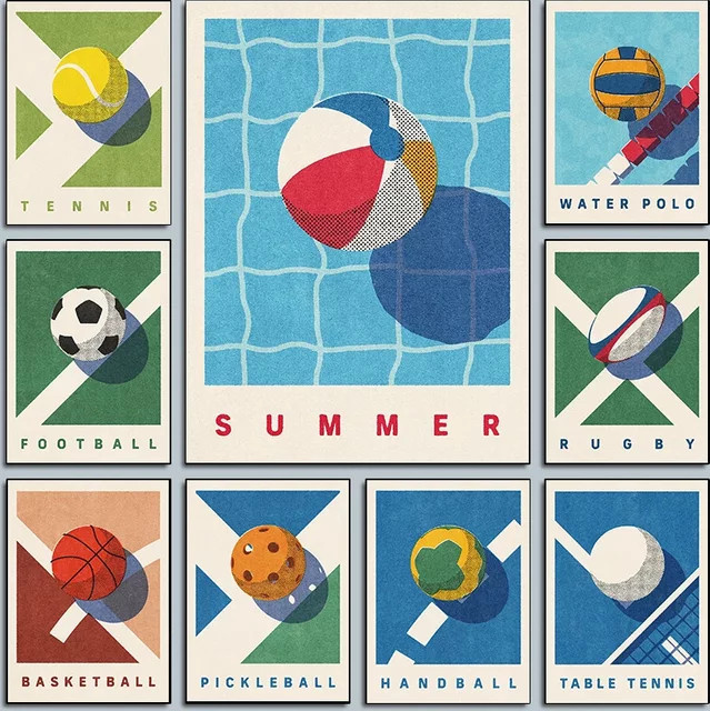Minimalistisches Leinwand-Poster von Potdemiel mit abstrakten Sportbällen für Rugby und Basketball in Mehrfarbig - Bild 1