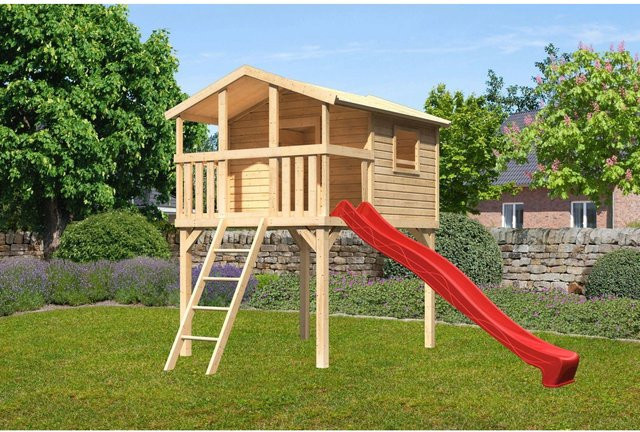 Karibu Stelzenhaus Benjamin in Natur und Braun mit Holzleiter und Rutsche, B/H/T: 225 x 309 x 250 cm - Bild 1