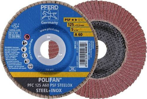 PFERD POLIFAN PSF STEELOX Fächerschleifscheibe für Stahl und Edelstahl, Körnung 60, Durchmesser: 125 mm, Bohrungs-Ø: 22,23 mm - Bild 1