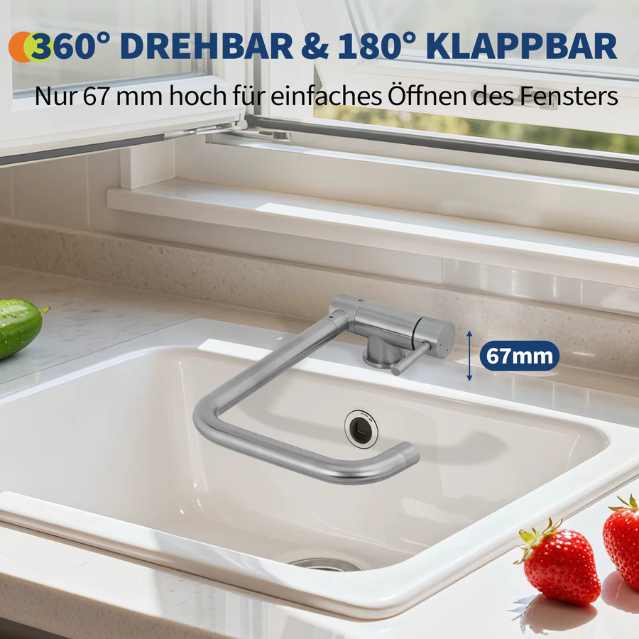 HiMISS Küchenarmatur aus Edelstahl SUS304 in Silber, 360 Grad schwenkbarer Auslauf, gebürsteter Edelstahl, Höhe: 35,0 cm, Breite: 25,0 cm, Tiefe: 19,8 cm - Bild 2