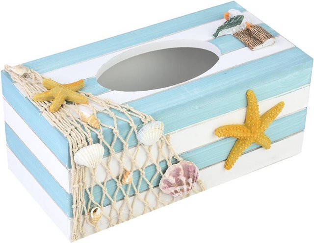 Mediterrane Holz-Taschentuchbox mit Seestern-Design in Weiß von shoemst - Bild 1